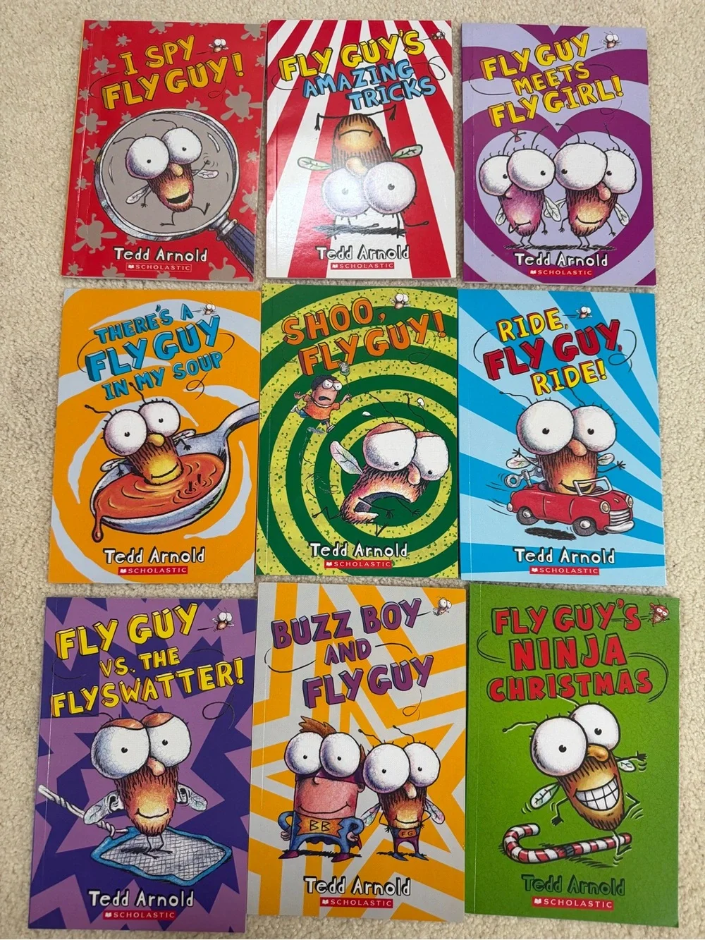 Scholastic Fly Guy Book Set - Red, Purple, Orange, Green, Blue, Yellow, Cream